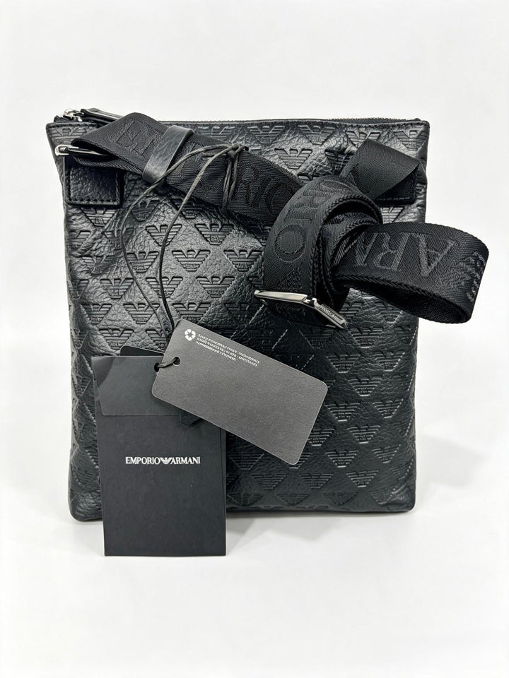 Emporio Armani GenuineLeather Black EmbossedEagle Crossbody Bag